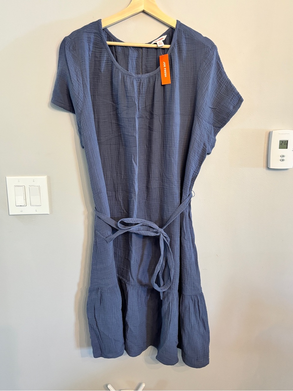 NWT Joe Fresh Blue Short-Sleeve Tie-Waist Gauze Dress 1X